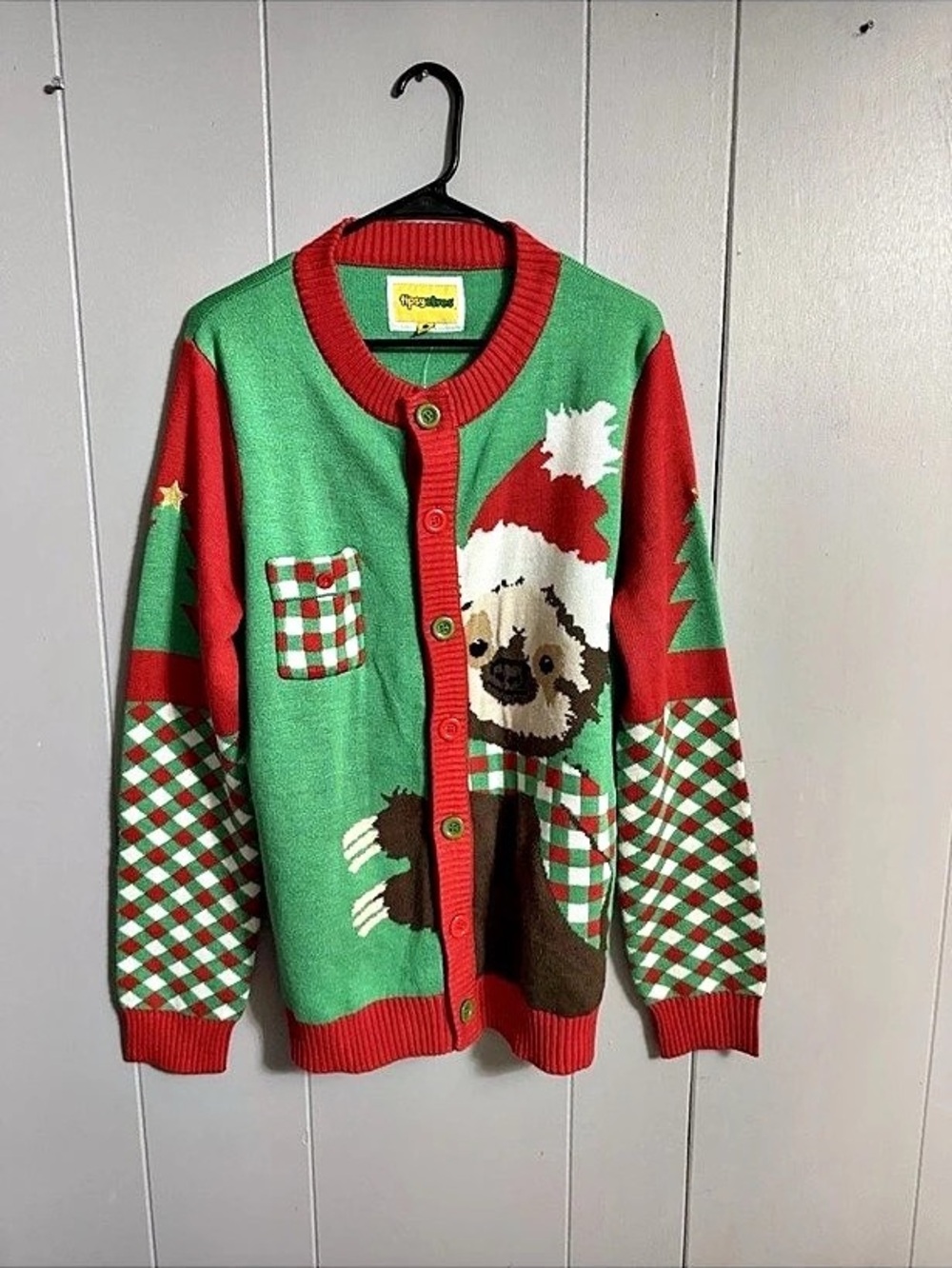 Tipsy Elves Sloth Santa Christmas Cardigan Sweater Green & Red